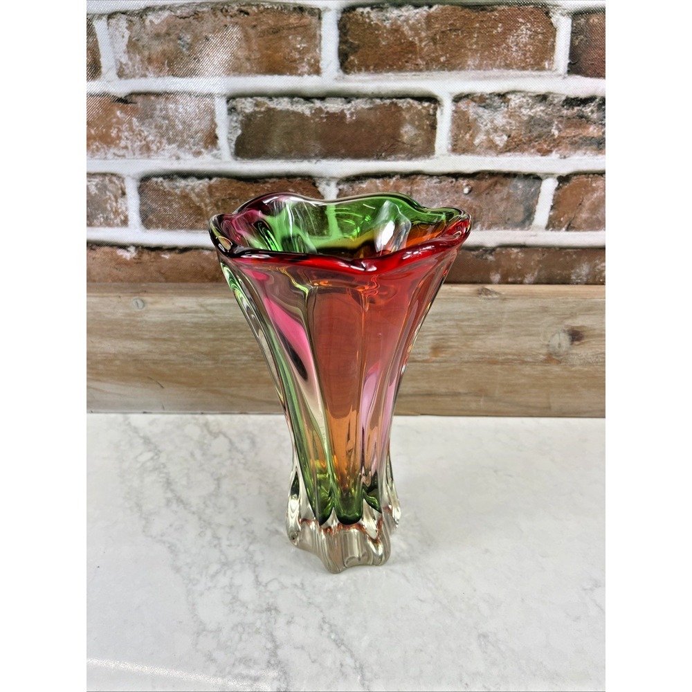 Pink and Green Glass Vase with Fluted Rim, 12 in Height, 6 in Width